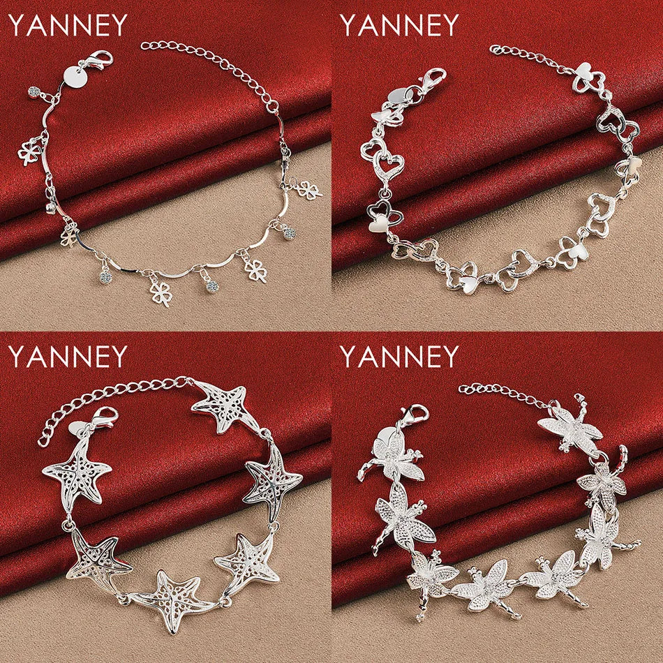 Fashion 925 Sterling Silver 8" Delicate Heart Shaped Clover Bracelet Women Gift Jewelry Party Accessories