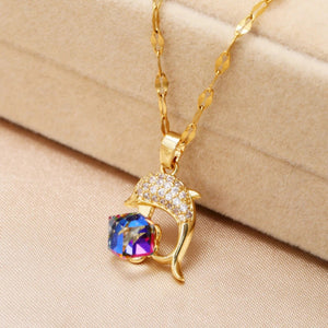 New Design Sense Colorful Crystal Dolphin Pendant Stainless Steel Necklaces For Women