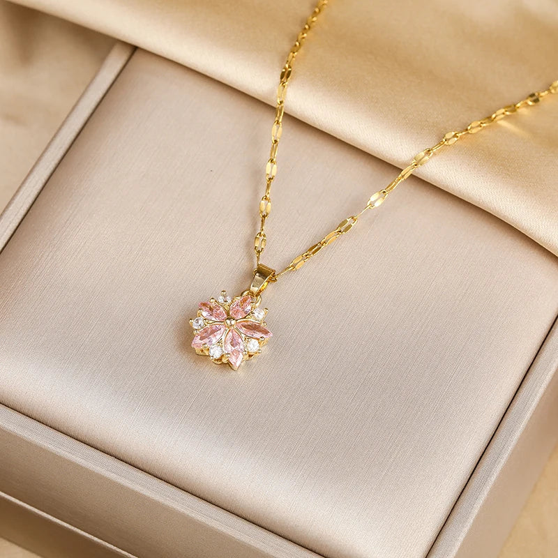 New Cute Romantic Pink Sakura Pendant Stainless Steel Necklaces For Women