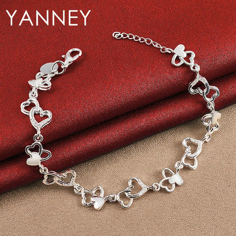 Fashion 925 Sterling Silver 8" Delicate Heart Shaped Clover Bracelet Women Gift Jewelry Party Accessories
