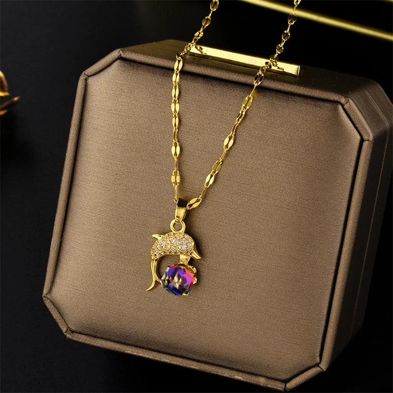 New Design Sense Colorful Crystal Dolphin Pendant Stainless Steel Necklaces For Women
