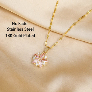 New Cute Romantic Pink Sakura Pendant Stainless Steel Necklaces For Women