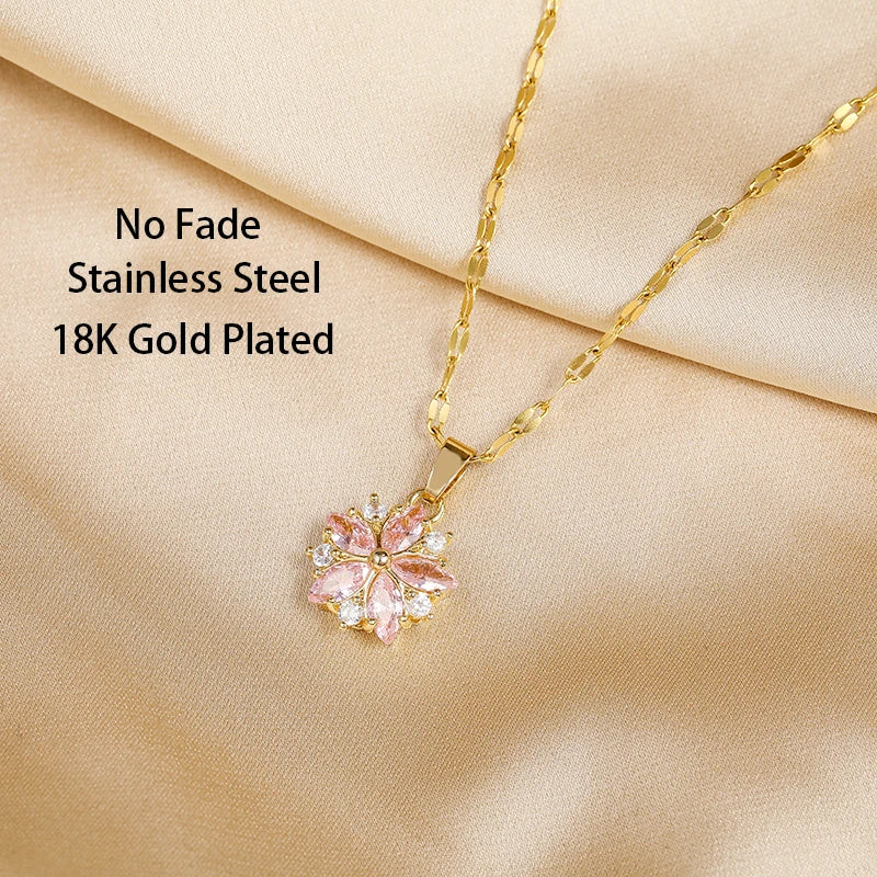 New Cute Romantic Pink Sakura Pendant Stainless Steel Necklaces For Women