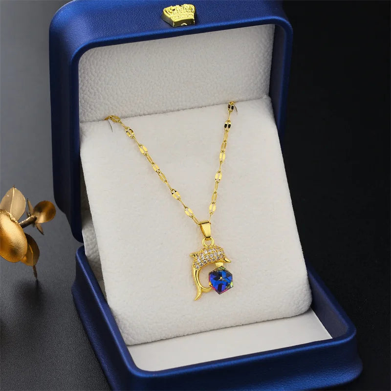 New Design Sense Colorful Crystal Dolphin Pendant Stainless Steel Necklaces For Women
