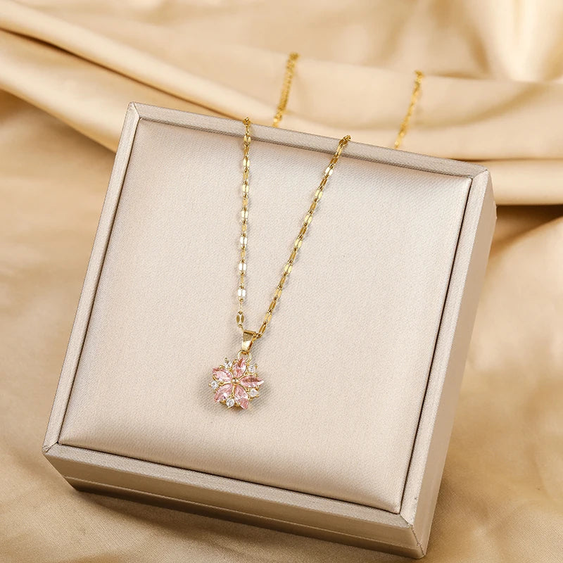 New Cute Romantic Pink Sakura Pendant Stainless Steel Necklaces For Women