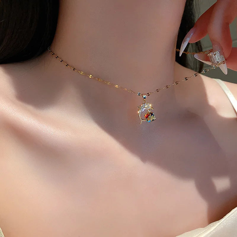 New Design Sense Colorful Crystal Dolphin Pendant Stainless Steel Necklaces For Women
