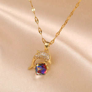 New Design Sense Colorful Crystal Dolphin Pendant Stainless Steel Necklaces For Women