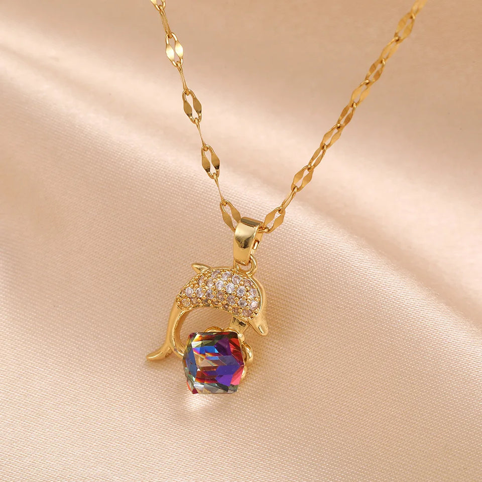 New Design Sense Colorful Crystal Dolphin Pendant Stainless Steel Necklaces For Women