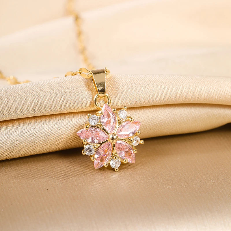New Cute Romantic Pink Sakura Pendant Stainless Steel Necklaces For Women