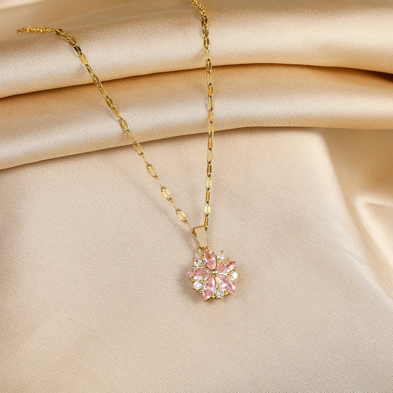 New Cute Romantic Pink Sakura Pendant Stainless Steel Necklaces For Women