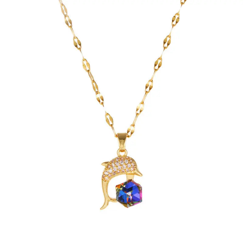 New Design Sense Colorful Crystal Dolphin Pendant Stainless Steel Necklaces For Women